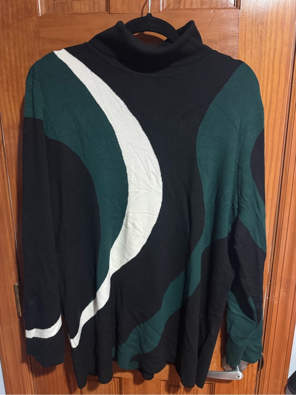 Chico's Black, Dark Green & White Wave-Pattern Turtleneck Sweater